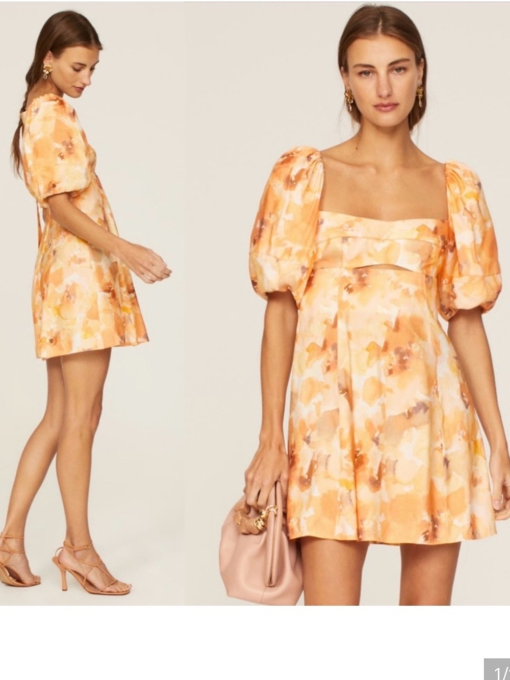 Puff-Sleeve Mini Dress in Soft Orange Watercolor